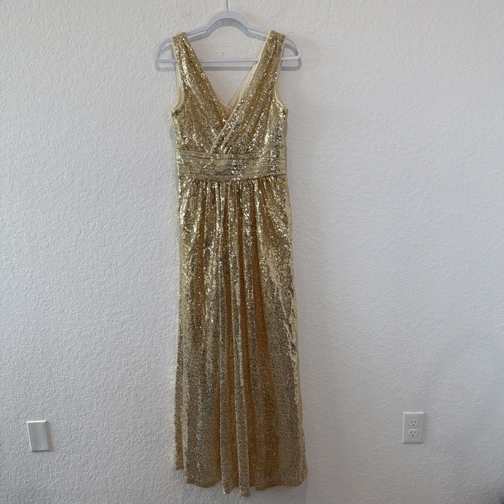 Kate Kasin Sleeveless Long Maxi Gold Sequin V Neck Formal Dress Size 6